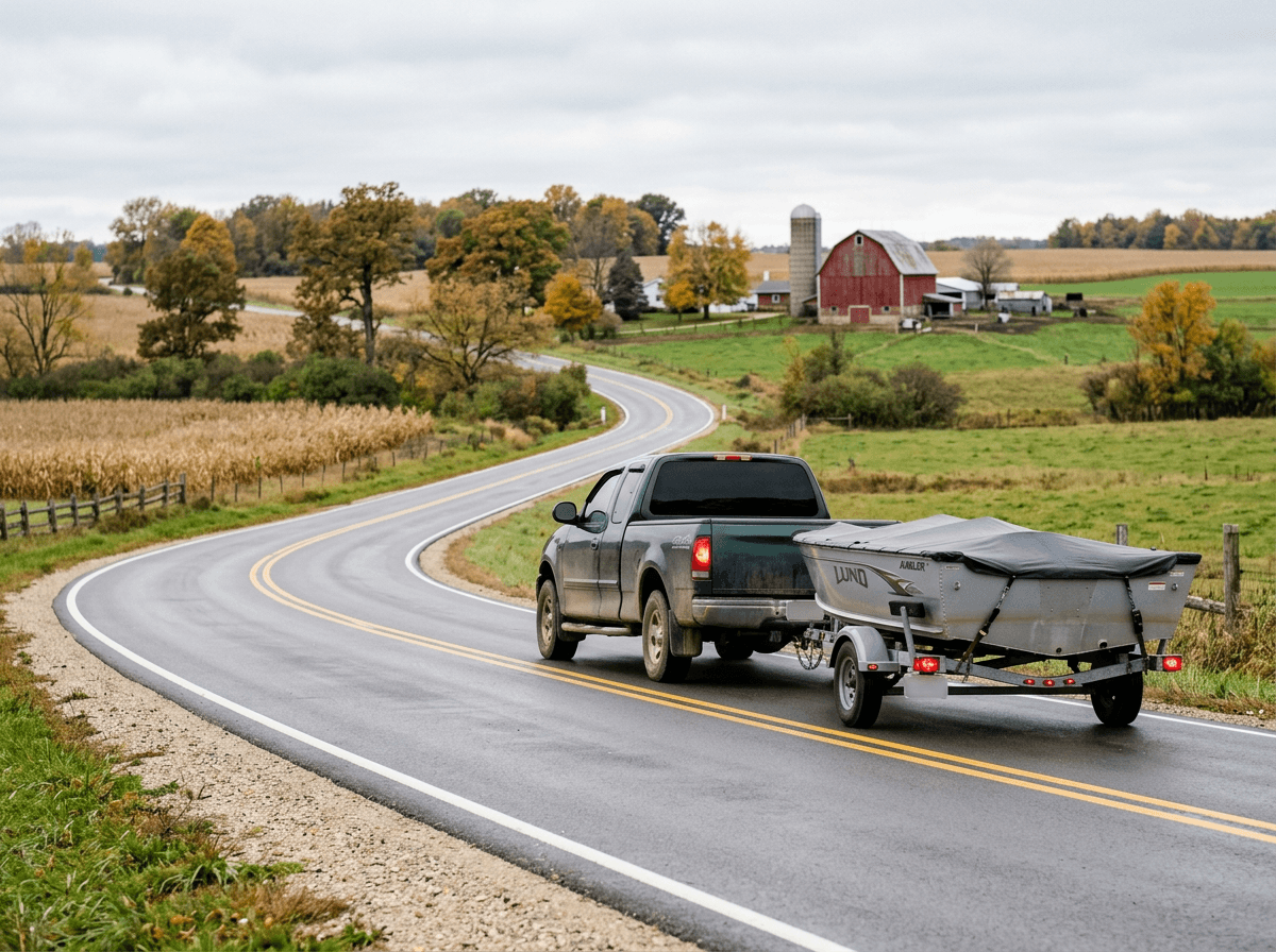 A pickup truck towing a boat on a trailer along a rural Wisconsin road toward the storage facility