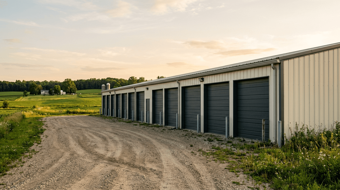 Row of cream metal storage buildings with charcoal roll-up doors along a gravel drive, surrounded by Wisconsin farmland